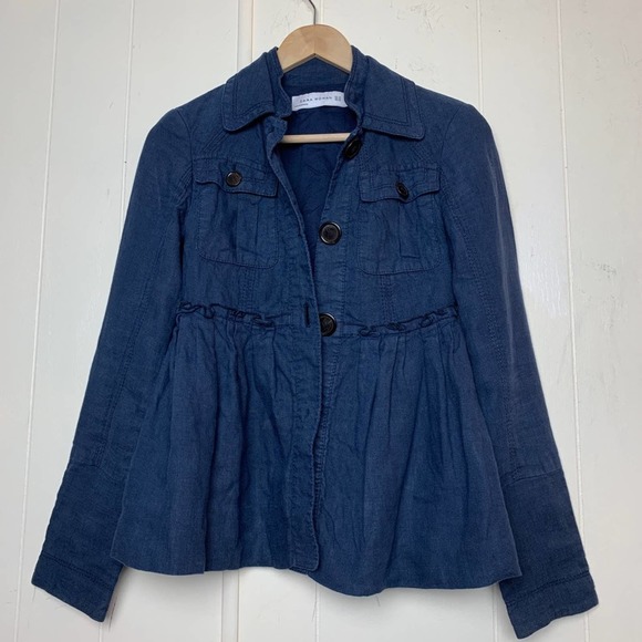 Zara Woman Navy Linen Ruffle Cropped Jacket Women’s Size XS/S - Picture 7 of 8